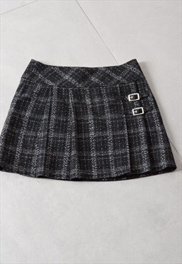 Y2K Black Grey Check Wool Blend Pleated Mini Skirt Waist 27"