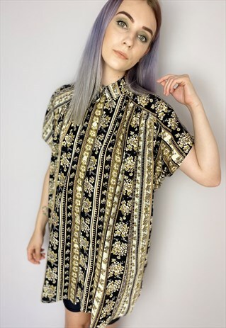 VINTAGE 90S FLOWERED STRIPED BLACK BEING LONG BLOUSE