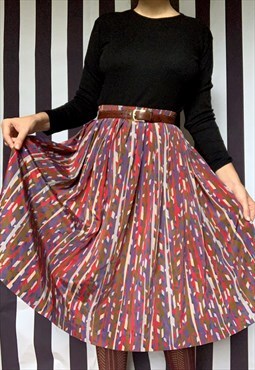 Vintage 80s midi skirt, multi colourful print, a-line, Uk10