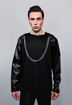 Faux leather sleeves sweatshirt chain attachment punk jumper