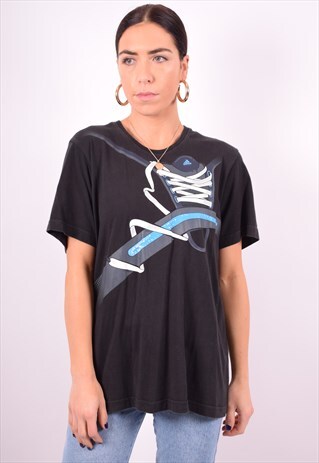 ADIDAS WOMENS VINTAGE T-SHIRT TOP LARGE BLACK 90'S