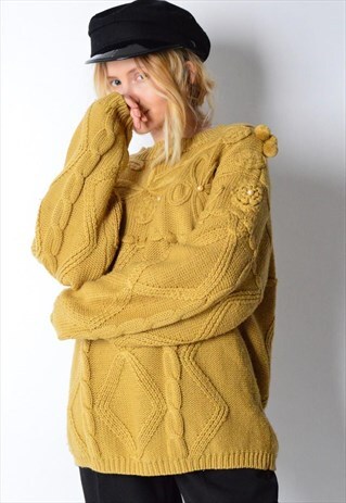 VINTAGE 80S MUSTARD KNIT TEXTURED WOOL BLEND FLOWER JUMPER