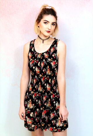 1990S VINTAGE BLACK WITH FLORAL MINI DRESS