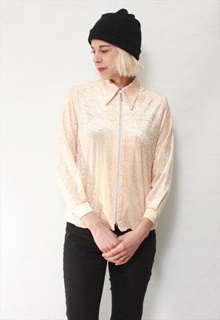 VINTAGE 90' UNIQUE CREAM VELOUR BLOUSE WITH ZIP