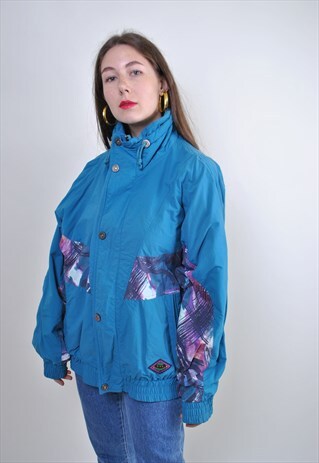 GREEN PATTERN SPORT BOMBER JACKET, 70S TRAVEL WINDBREAKER