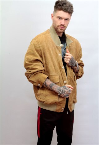 1980'S VINTAGE OVERSIZED SUEDE BOMBER JACKET IN TAN