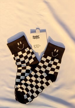 Black Checkerboard Smiley Face Socks