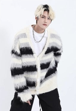 Striped fluffy cardigan knitted long hair jumper woolen top