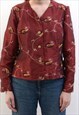 VINTAGE WOMEN'S L 80'S EMBROIDERED LEAVES SHIMMER BUTTON UP