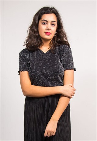 VINTAGE 90'S BLACK SPARKLE GLITTER V-NECK TOP T-SHIRT