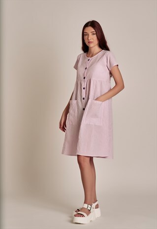 HANDMADE DRESS IN PINK AND WHITE WITH SEERSUCKER FABRIC