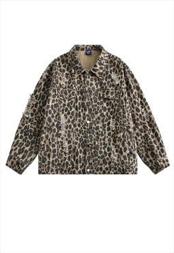 Leopard denim jacket ripped animal jean bomber cheetah coat