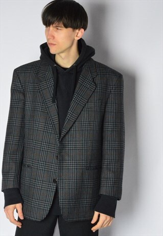 VINTAGE 90S BLUE BLACK CHECK WOOL BLAZER