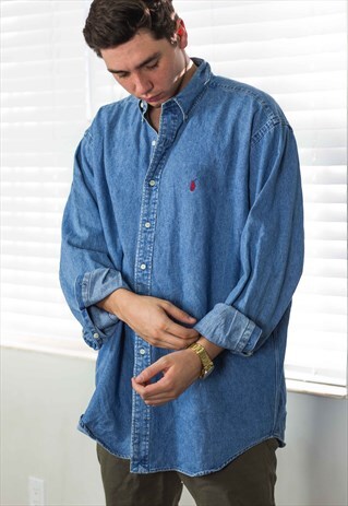 VINTAGE POLO RALPH LAUREN SHIRT DENIM LOGO 90S XL 19.6