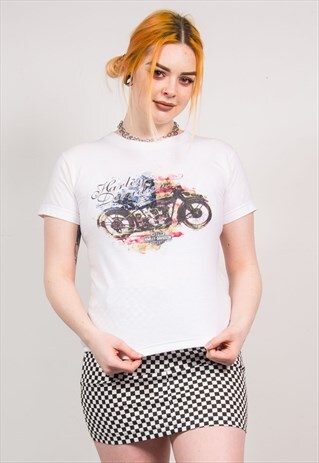 HARLEY-DAVIDSON Y2K 90'S WHITE MOTORCYCLE PRINT T-SHIRT