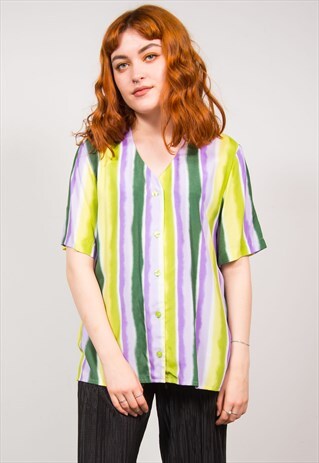 VINTAGE 90'S GREEN & PURPLE STRIPED COLLARLESS BLOUSE SHIRT