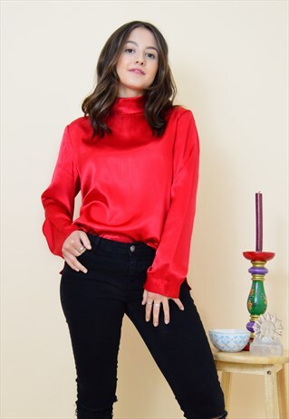 VINTAGE 90S SATIN BLOUSE WITH BACK BOW IN BRIGHT RED