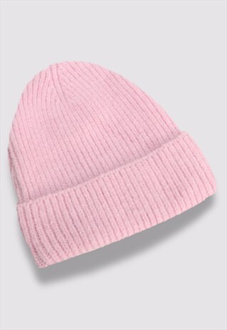 WOOL RIB-KNIT PINK BEANIE HATS FOR WOMEN