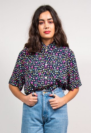 90'S VINTAGE NAVY FLORAL PATTERN SHIRT BLOUSE