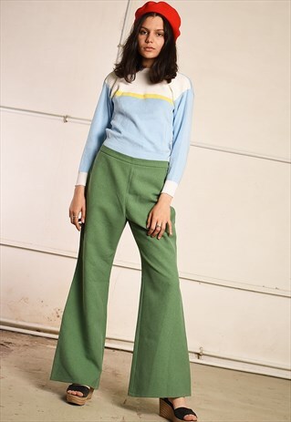 70S REGULAR WAIST KHAKI GREEN FLARED TROUSERS