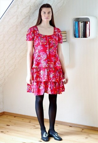 BRIGHT RED FLORAL FRILL DRESS