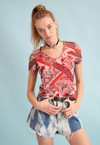 90'S RETRO PAISLEY PRINT KITSCH MESH TEEN PARTY TOP