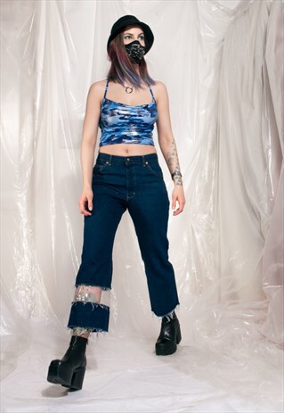 VINTAGE JEANS 90S REWORKED CLEAR PVC PANEL CROP DENIM PANTS