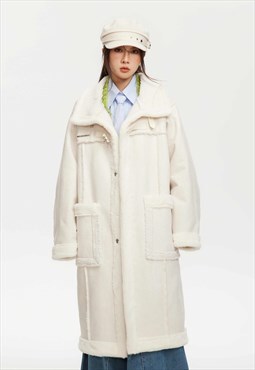 Long Sherpa coat fleece lined PU trench jacket in white 