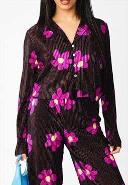 Black Plisse Solid Pleat Floral Print Open Collar Shirt