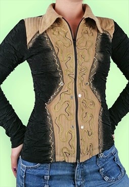 Vintage Y2K Top Long-sleeve Blouse Stretch Fabric Embroidery