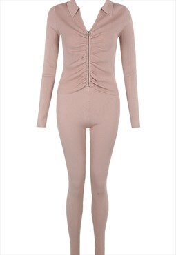 Ruched Zip Up Ribbed Coord Set In Rose