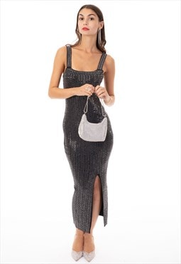 Multi Diamond Sequin Maxi Dress in Black