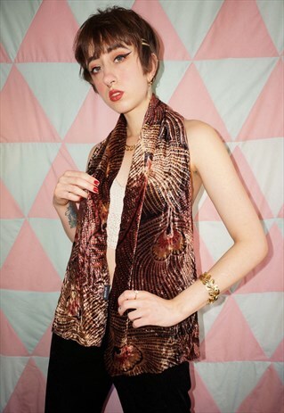 VINTAGE 90S BROWN VELVET PEACOCK FEATHER PAISLEY SCARF