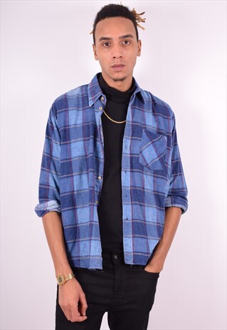 MENS VINTAGE FLEECE SHIRT LARGE BLUE CHECK 90'S