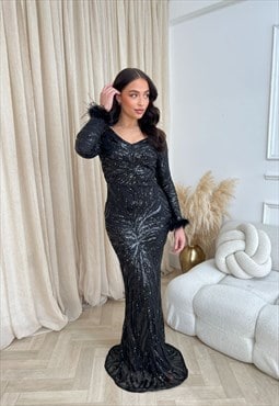 Luminous Black Luxe Sequin Long Sleeve Feather Maxi Dress