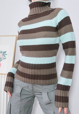 Vintage Multicolor Stripe Punk Roll Neck Sweater