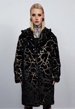 Going out coat fuzzy golden foil trench jacket fleece black