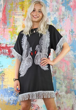 MINI DRESS IN A KISSING SWAN PRINT WITH SILVER TASSELS