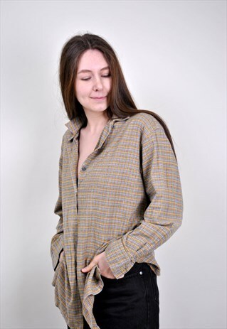 VINTAGE BROWN PLAID SHIRT, 90S CHECKRED WORK SHIRT