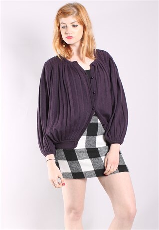 VINTAGE 80S AUBERGINE PURPLE PLEATED PUFF SLEEVE CARDIGAN