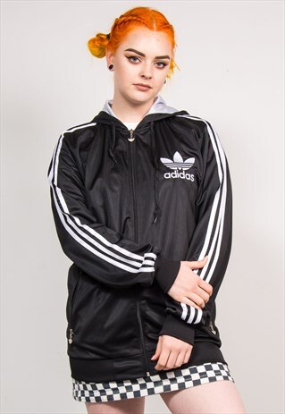90'S ADIDAS VINTAGE BLACK HOODED LOGO TRACKSUIT JACKET TOP