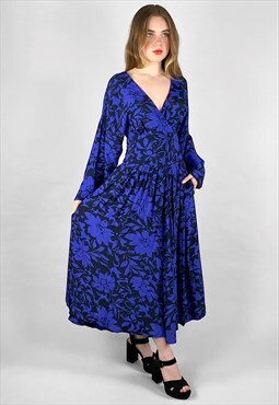 80's Blue Black Floral Batwing Ladies Vintage Midi Dress