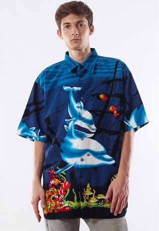 VINTAGE HAWAIIAN 90S BLUE ALOHA DOLPHINS SEA PRINTED