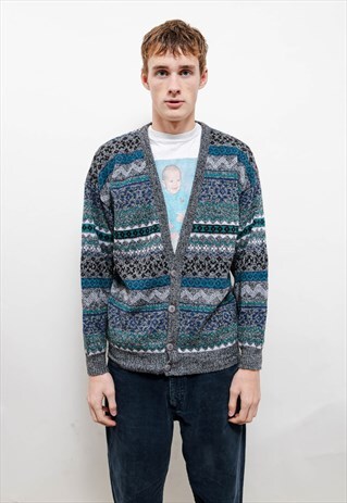 VINTAGE 80S GRANDAD GEOMETRIC V NECK BUTTON UP CARDIGAN M