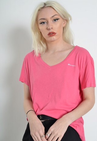 VINTAGE CHAMPION V NECK T-SHIRT PINK