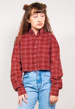 VINTAGE 90'S RED CHECKED CROPPED CORD SHIRT