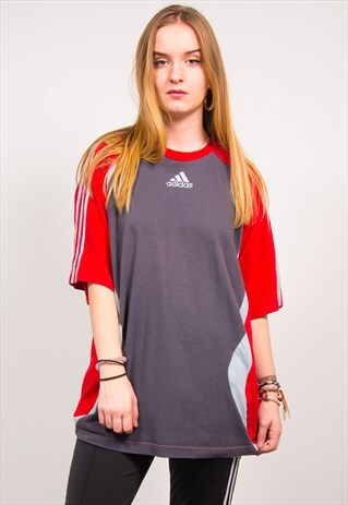 ADIDAS VINTAGE 90'S RED & GREY STRIPED OVERSIZED T-SHIRT