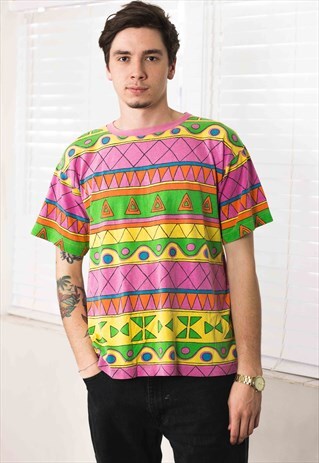 VINTAGE RETRO PATTERNED T-SHIRT LOGO 90S L 7.1