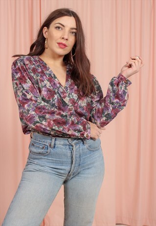 VINTAGE 80S WRAP FRONT BLOUSE IN WALLPAPER PRINT
