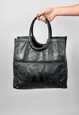 80's Vintage Black Leather Hand Held Tote Bag